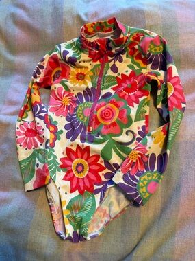 Girls Boden Floral Long Sleeve One-Piece Swimsuit - Bright Multicolor size 4-5